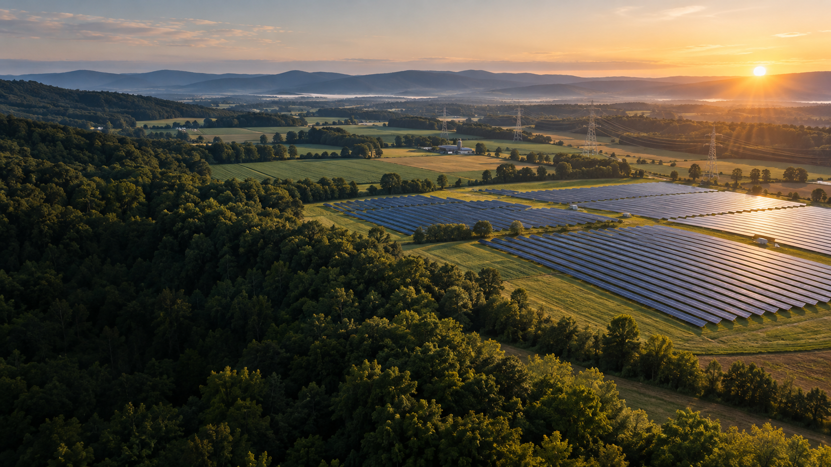 Solar development, farmland, and power infrastructure across a Virginia landscape