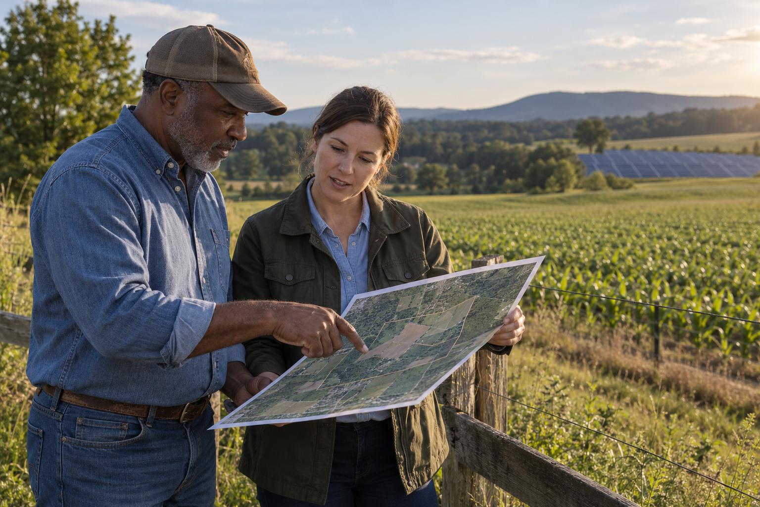 Landowner and DFREL advisor reviewing a property map